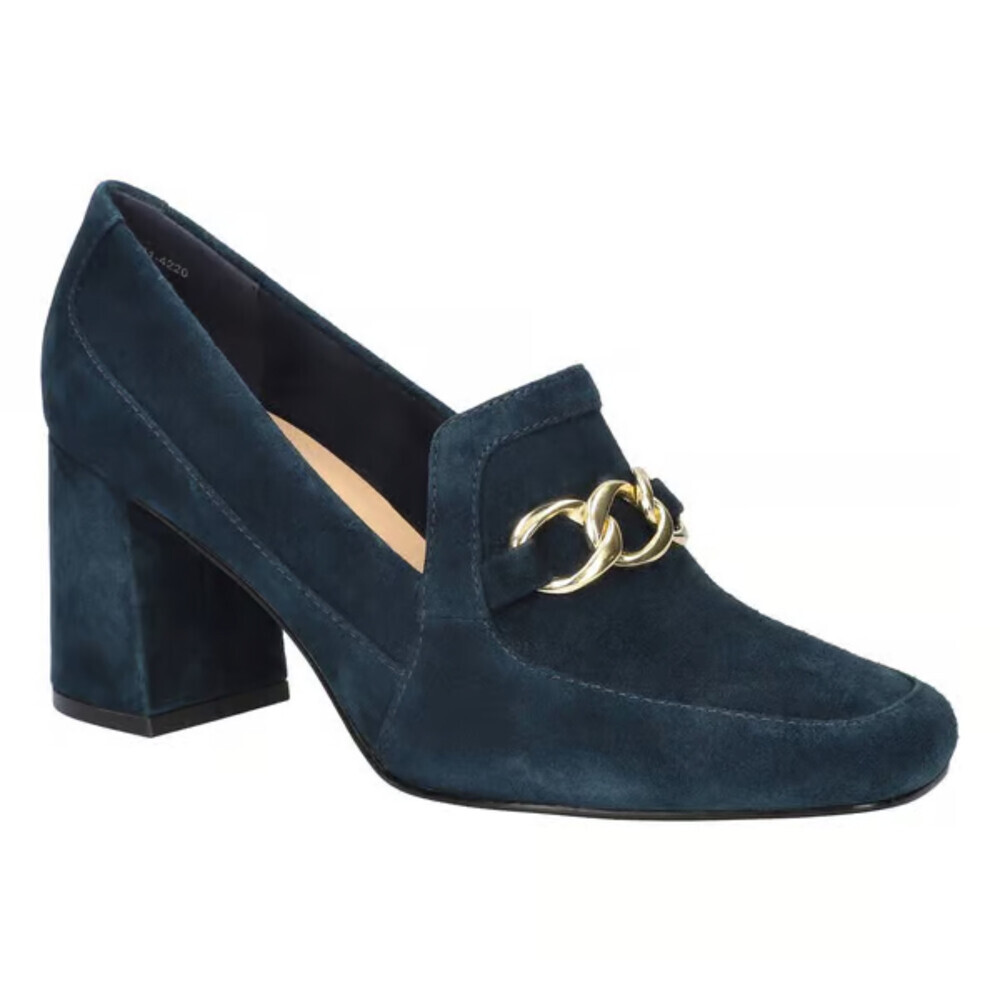 Bella Vita Tam Pumps Women's 7W Navy Suede Square Toe Slip On Block Heel GAL2195